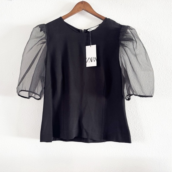 Zara Black Organza Puff Sleeve Blouse Goth Glam XXL Dark Academia Avant-Garde - Picture 2 of 15
